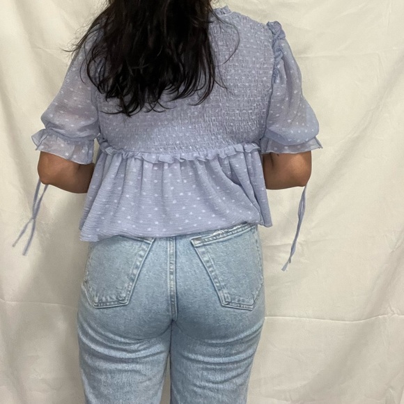 Zara size XS sky blue polka‎ dot short sleeve blouse in excellent condition - Picture 5 of 8